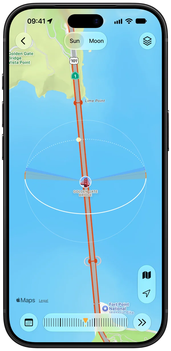 Sun path over the Golden Gate Bridge on the map